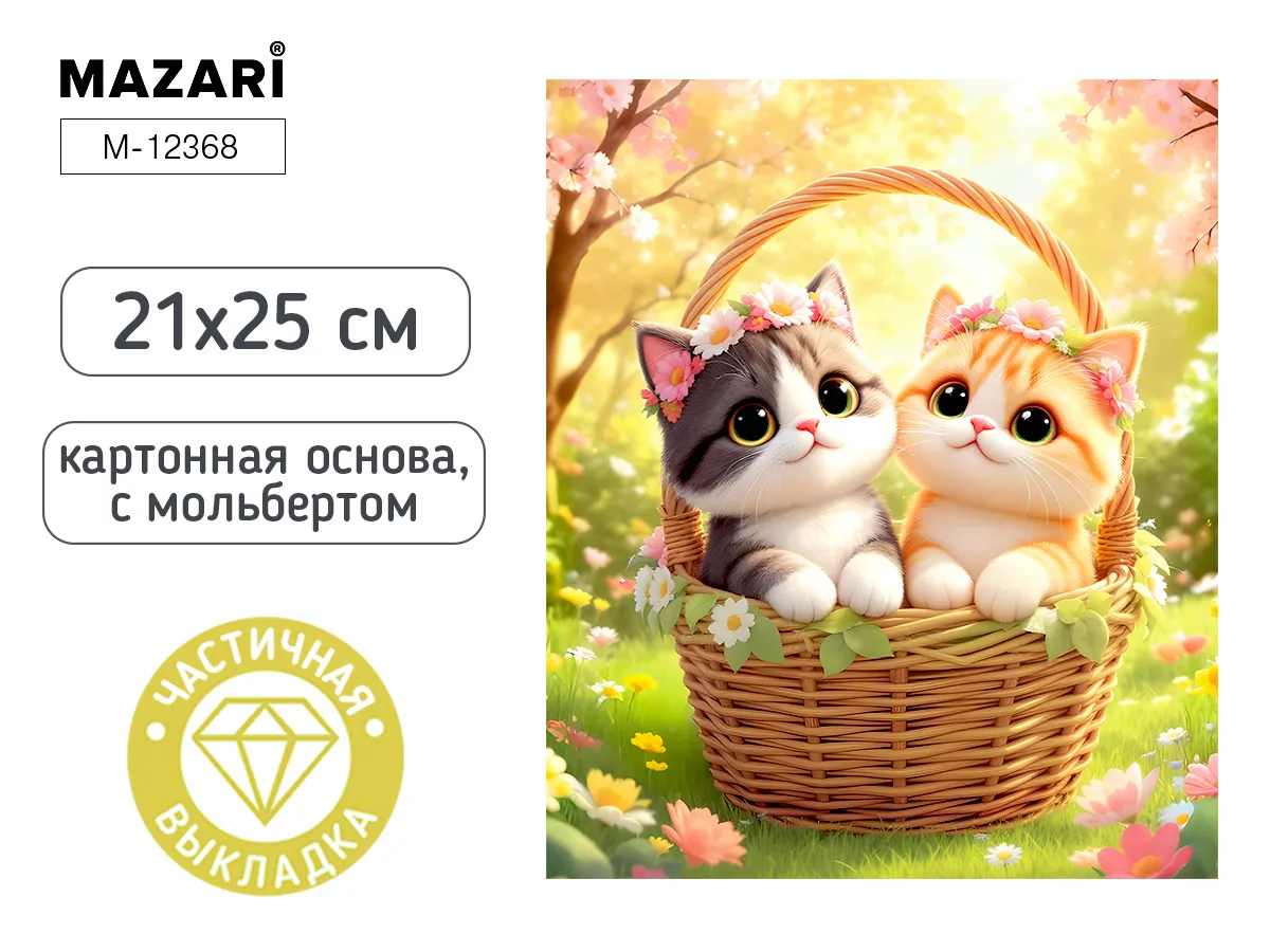 Мозаика алмазная по номерам на картоне с мольбертом  21*25см "Котики" (частичная выкладка)