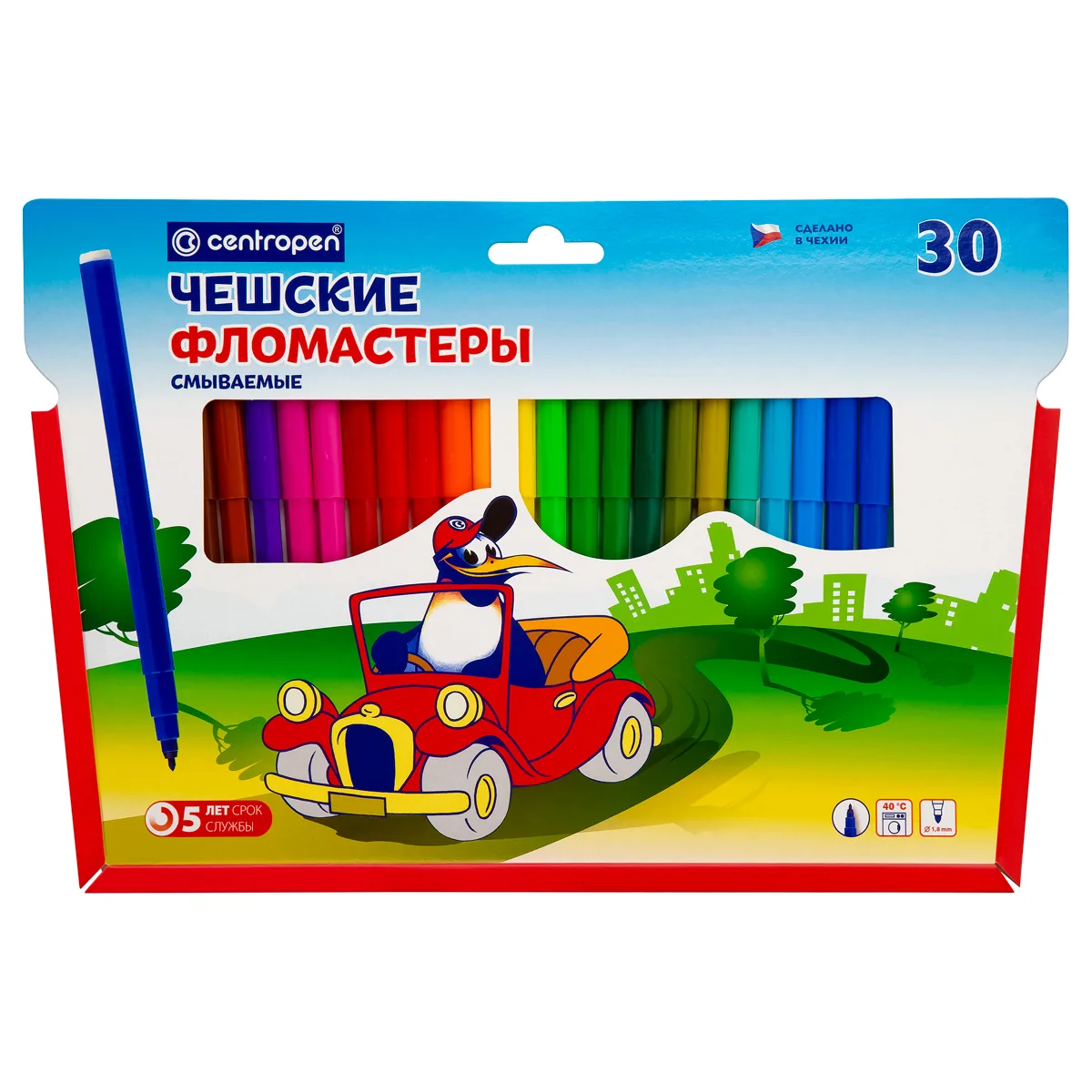 Фломастеры Centropen "Пингвины", 30цв., смываемые, картон. упак. с европодвесом/ПВХ