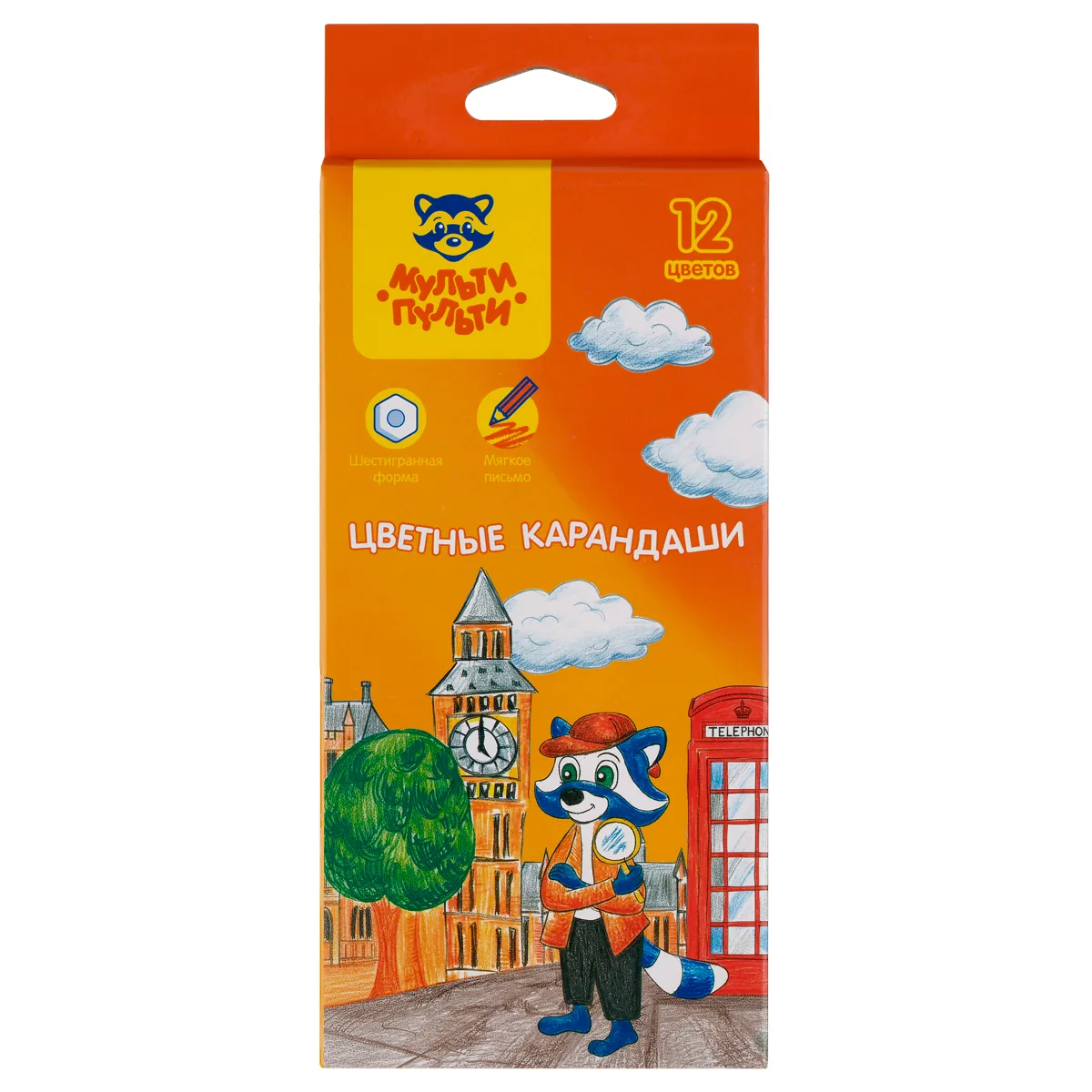 Карандаши цветные Мульти-Пульти "Енот в Англии", 12цв., шестигран., заточен., картон, европодвес