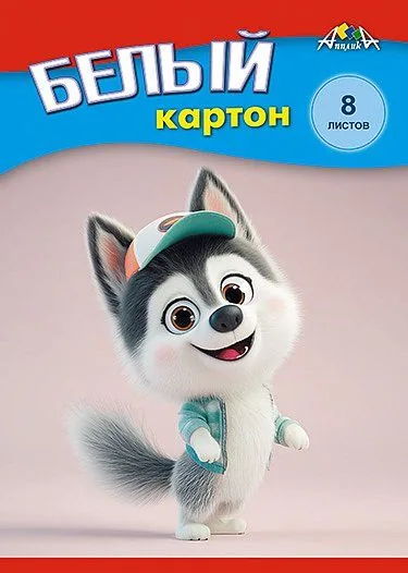 Картон белый А5  8л. немелов., одностор., пл. 200 гр/м2 "Забавный щенок", в папке