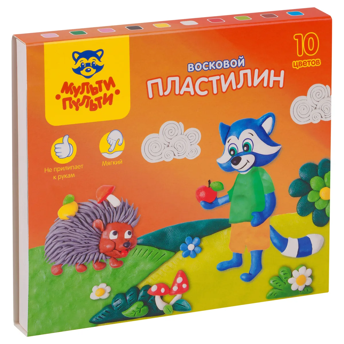 Пластилин Мульти-Пульти "Енот в лесу", 10 цветов, 150г, восковой, со стеком, картон