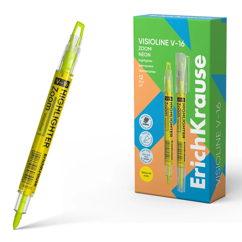 Текстовыделитель EK Visioline V-16 Zoom Neon 0,5 - 4,5мм, желтый, двухсторонний