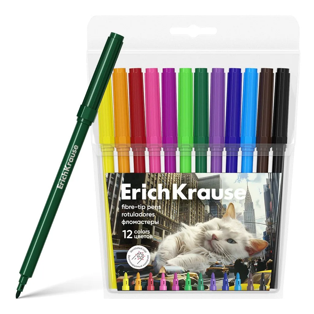 Фломастеры  12цв "Erich Krause. Big City Cats", вент.колпачок, блистер