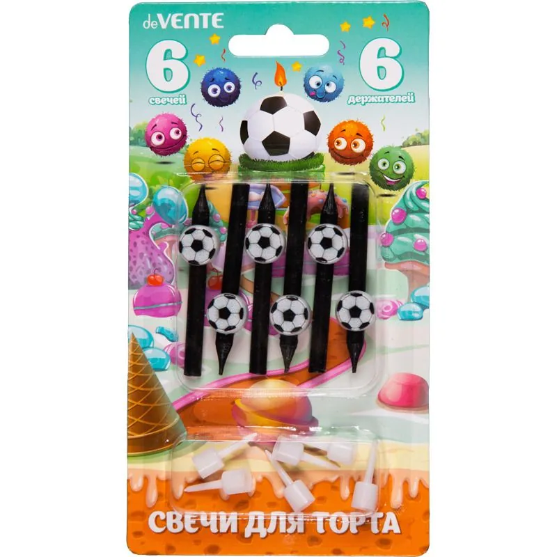 Свечи для торта Football, 6шт, 7,5x0,55 см в виде футбольных мячей и 6 держателей