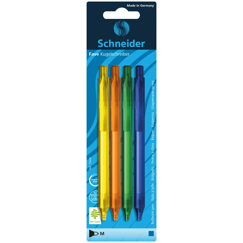 Ручка шариковая автоматическая Schneider "Fave" 4шт., синие, 1,0мм, корпус ассорти, блистер