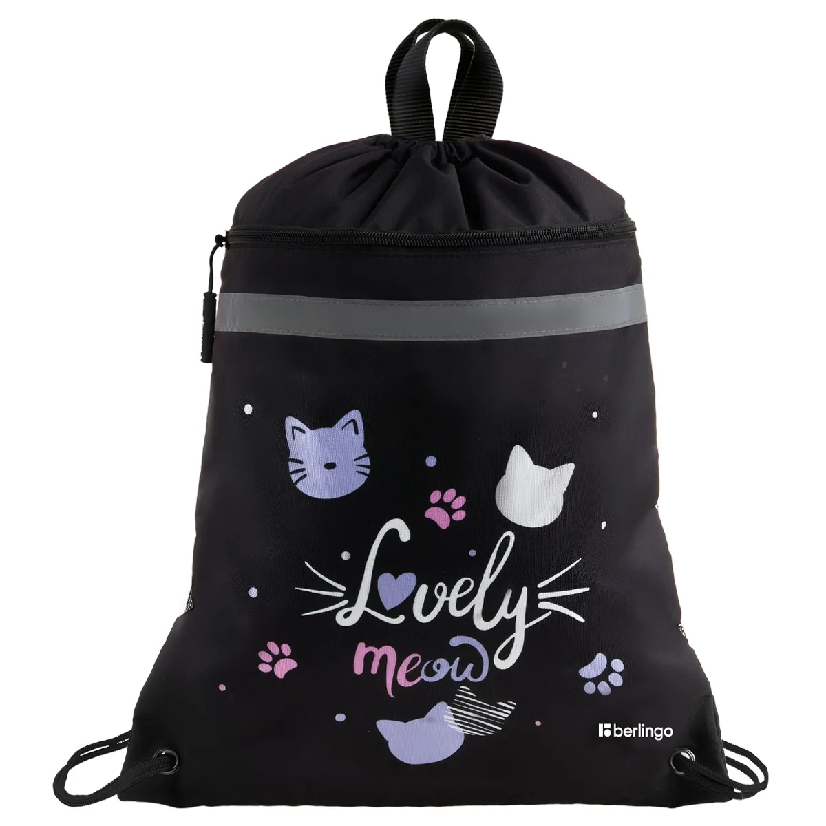 Мешок для обуви 1 отделение Berlingo "Lovely Meow", 360*460мм, вентиляционная сеточка , светоотражающая лента, карман на молнии