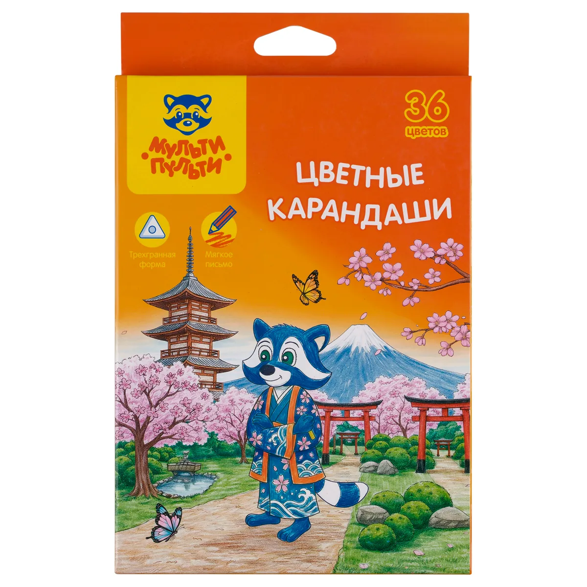 Карандаши цветные Мульти-Пульти "Енот в Японии", 36 цв., трехгран., заточен., картон, европодвес, термоусадка