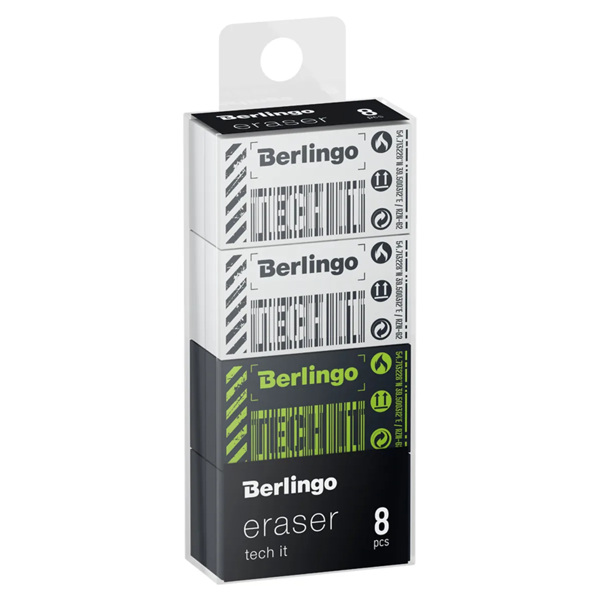 Ластик Berlingo "Tech it", 8шт., прямоугольный, 45*25*10мм, PVC бокс