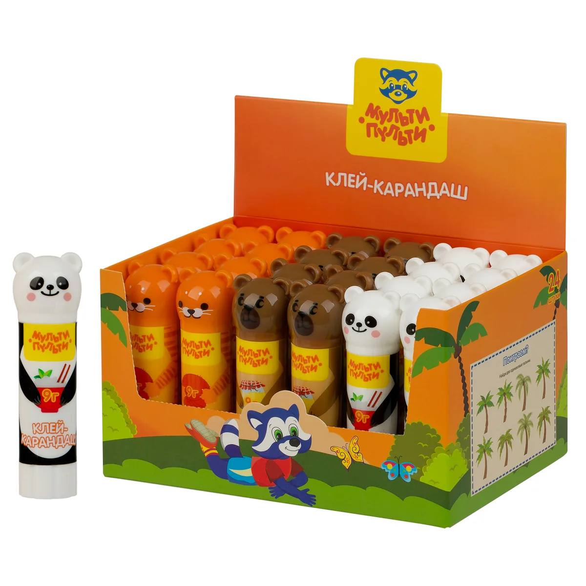 Клей-карандаш Мульти-Пульти "Зверята: Кот, Мишка, Панда", 09г, колпачок в форме животного, ПВП