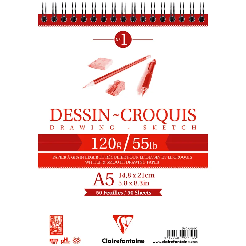 Скетчбук 50л., А5 Clairefontaine на гребне, 120г/м2