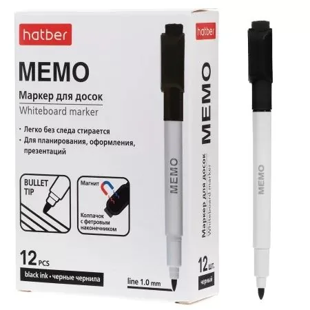 Маркер Hatber. Мемо  для белой доски 1мм черный, с магнитом и губкой