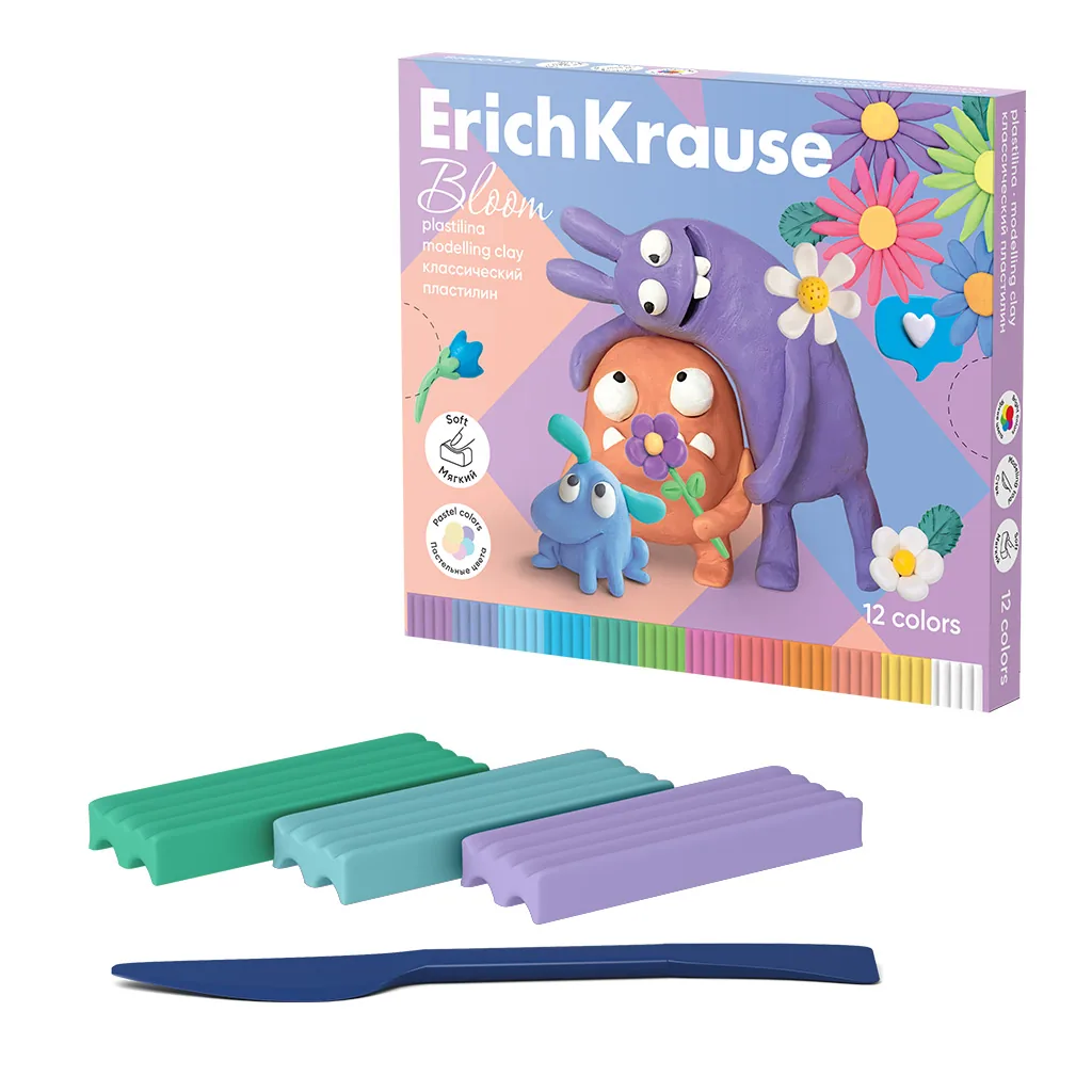 Пластилин 12цв 216гр. Erich Krause Jolly Friends Pastel Bloom со стеком