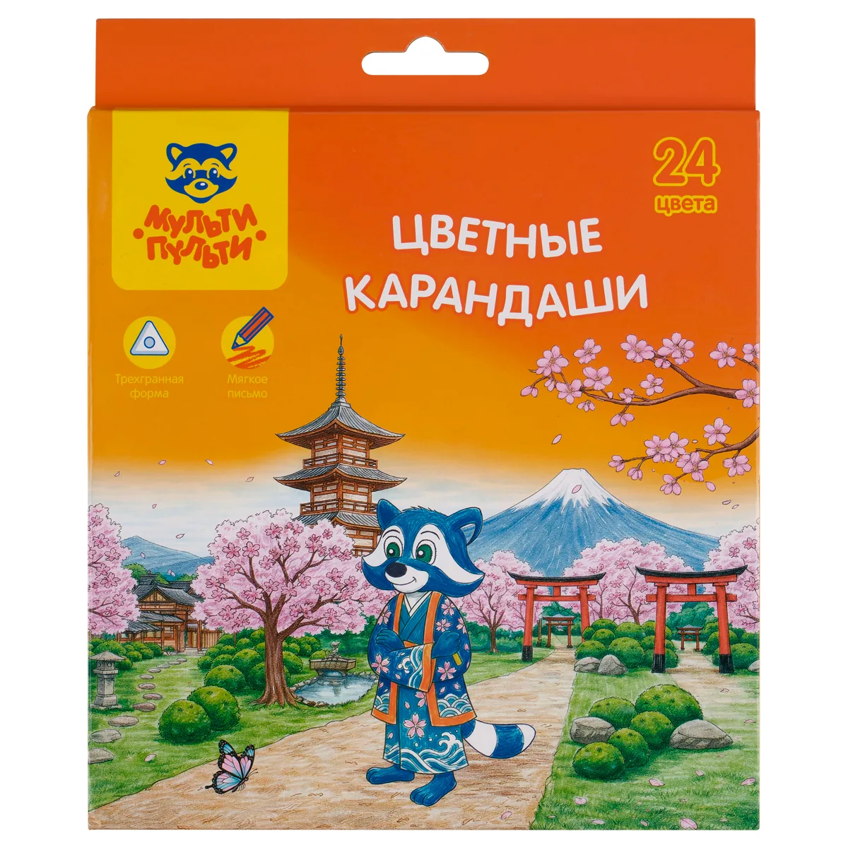 Карандаши цветные Мульти-Пульти "Енот в Японии", 24 цв., трехгран., заточен., картон, европодвес, термоусадка