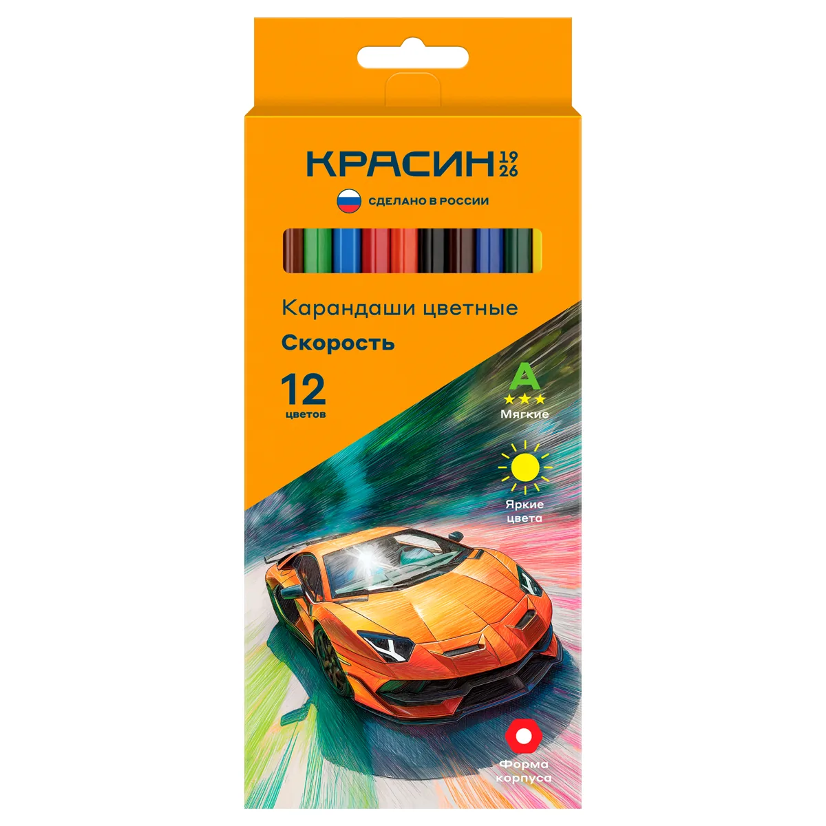 Карандаши цветные Красин "Скорость", 12цв., шестигран., заточен., картон. упак., европодвес