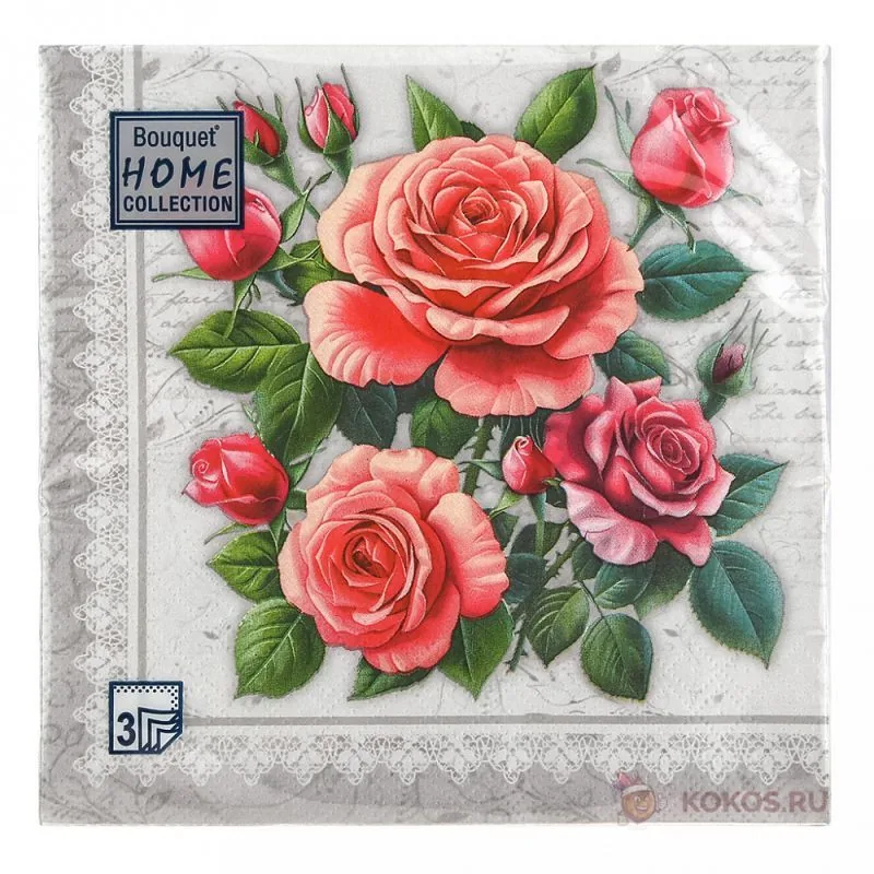 Салфетка Bouquet de Luxe "Розы в рамке.Серебро" 24*24см, 25шт., 3-х слойная