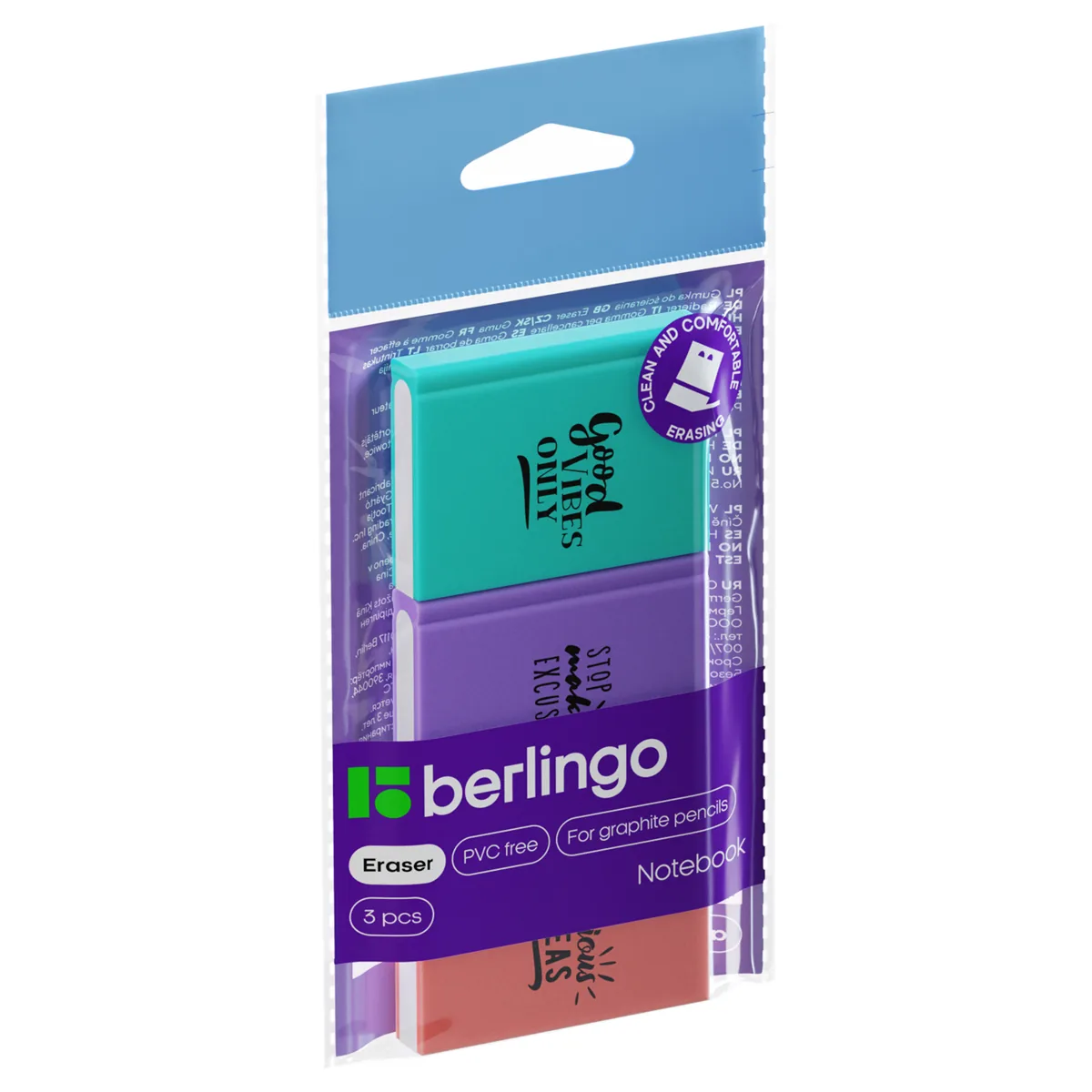 Ластик Berlingo "Notebook", 3шт., термопластичная резина, 48*34*8мм, пакет с европодвесом
