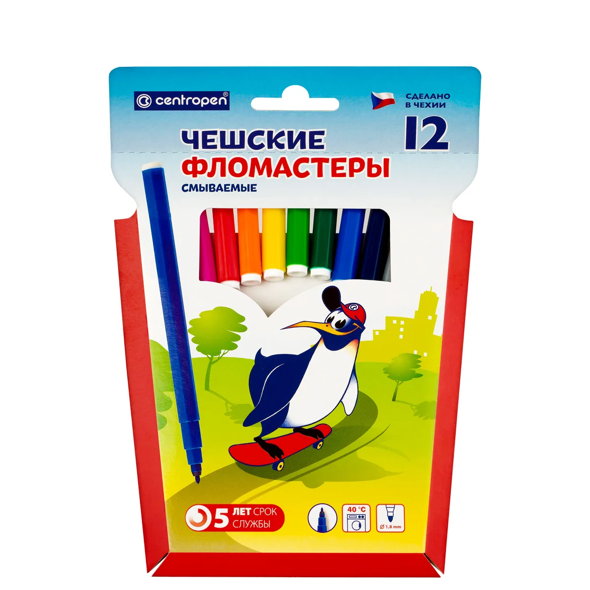 Фломастеры Centropen "Пингвины", 12цв., смываемые, картон, европодвес
