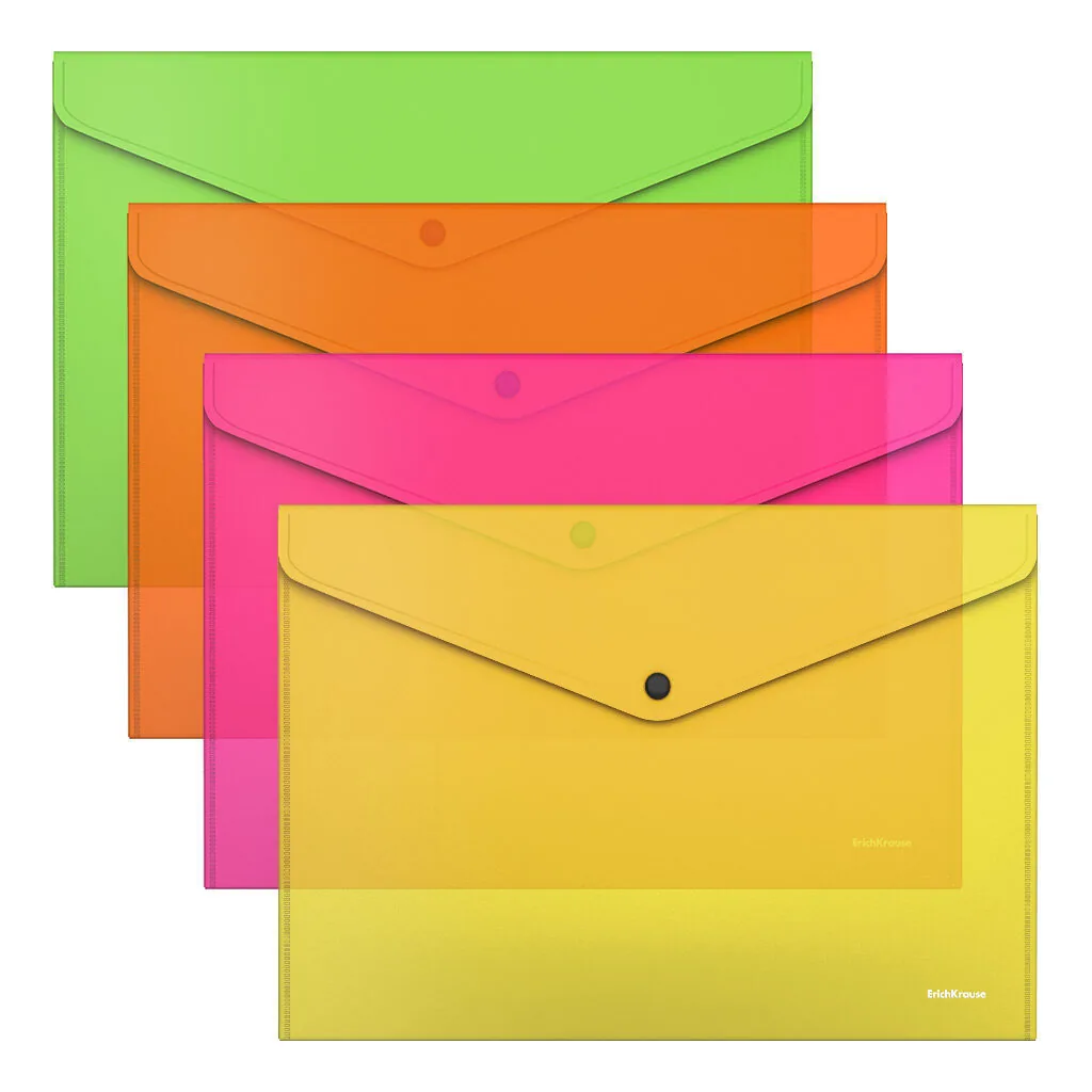 Конверт на кнопке А4  Glossy Neon 0,18мм, полупрозрачный, ассорти