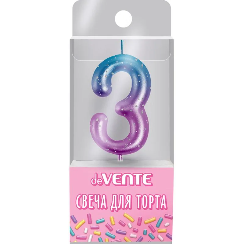 Свеча-цифра "3" Degrade  6 см, метал.цвет+напыление серебрян.точками