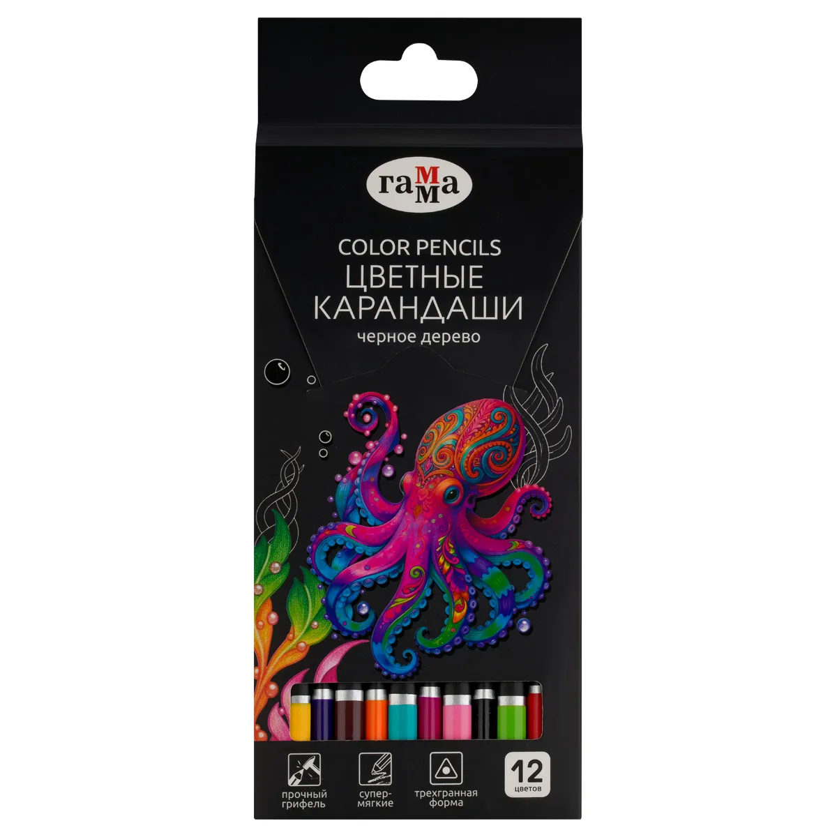 Карандаши цветные Гамма "Классические", 12цв., черное дерево,заточен., картон. упак., европодвес