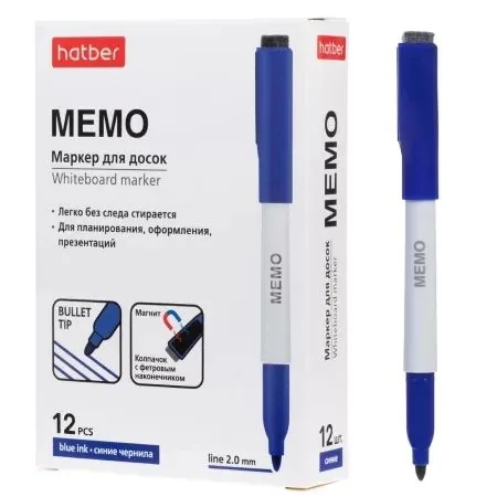 Маркер Hatber. Мемо  для белой доски 2мм синий, с магнитом и губкой