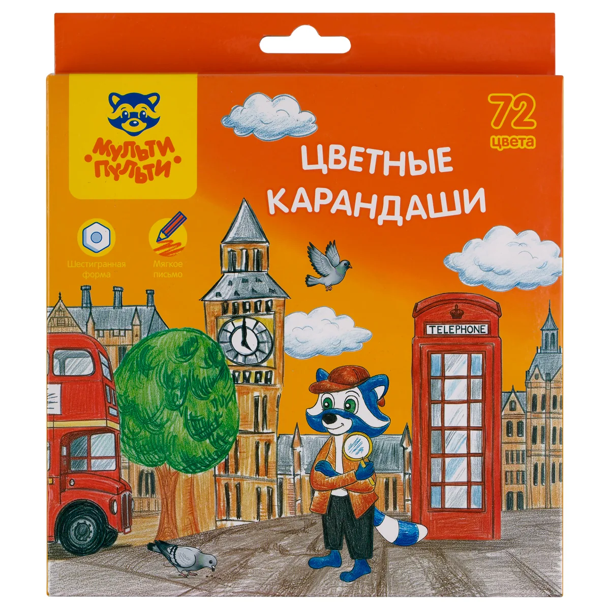 Карандаши цветные Мульти-Пульти "Енот в Англии", 72 цв., шестигран., заточен., картон, европодвес, термоусадка