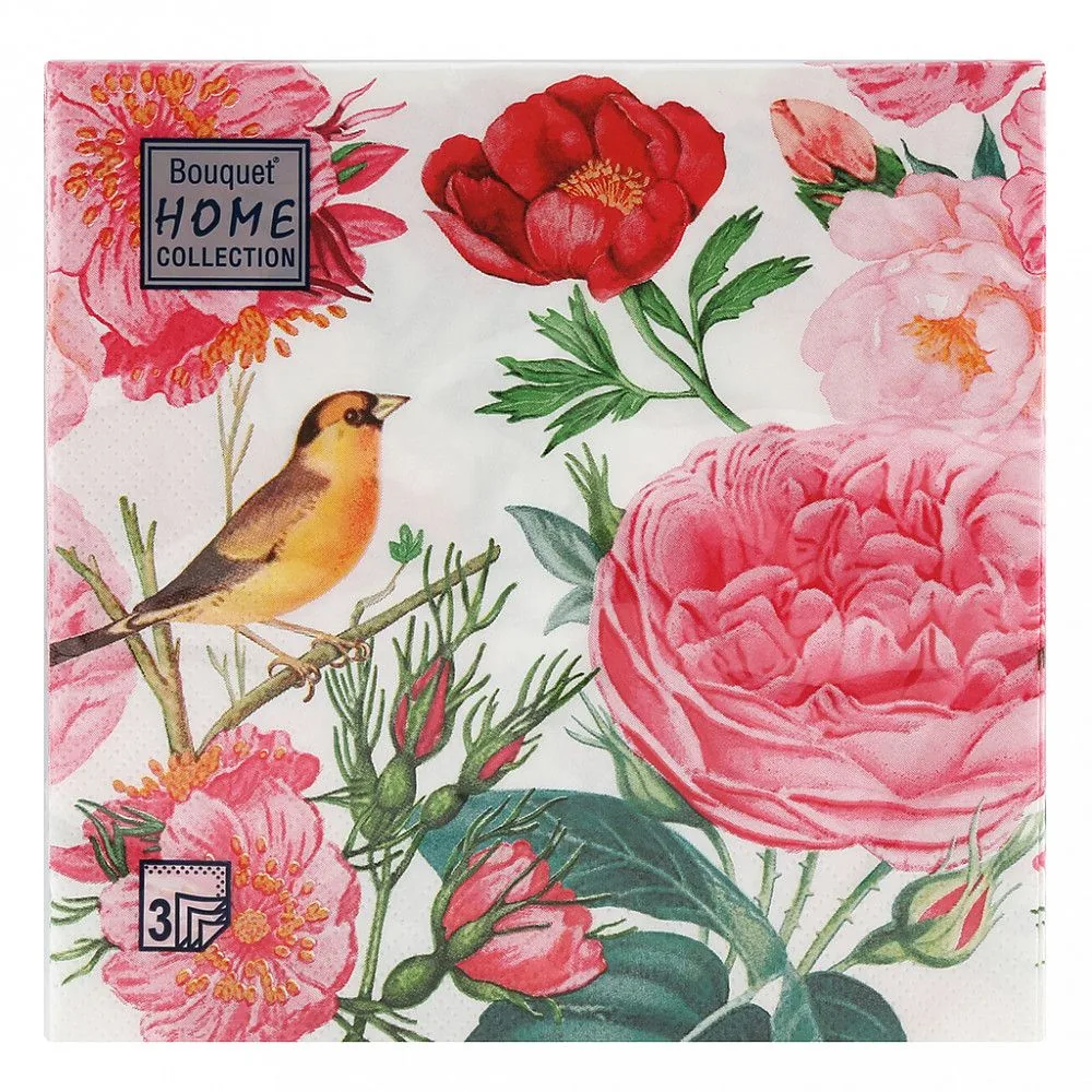 Салфетка Bouquet Home Collection Classic "Розы с птичкой" 33*33см, 20шт., 3-х слойная