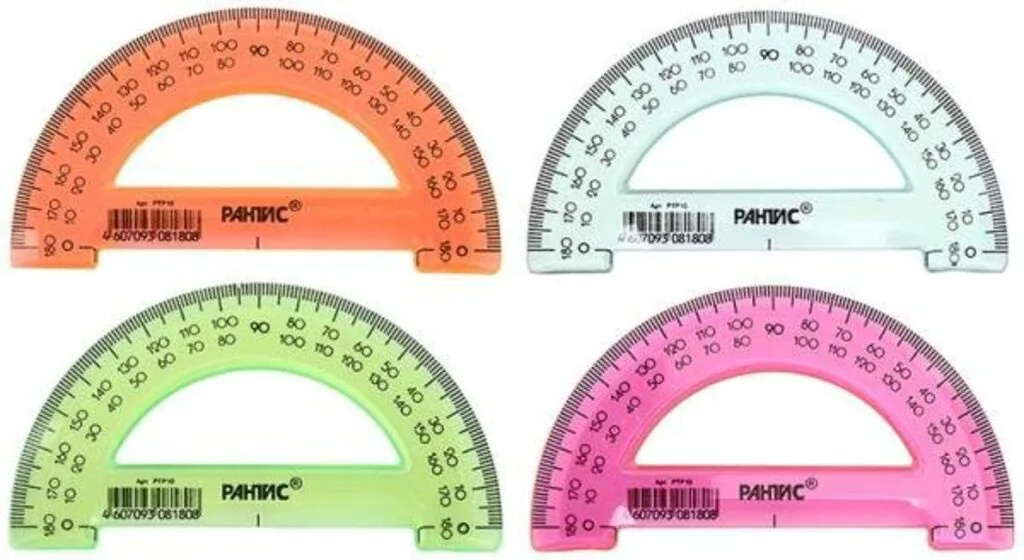 Транспортир 180гр. 10 см пласт. прозр.цветной