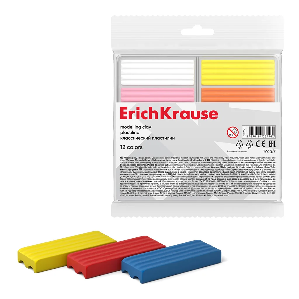 Пластилин 12цв 192гр. Erich Krause light (во флоупаке с европодвесом)
